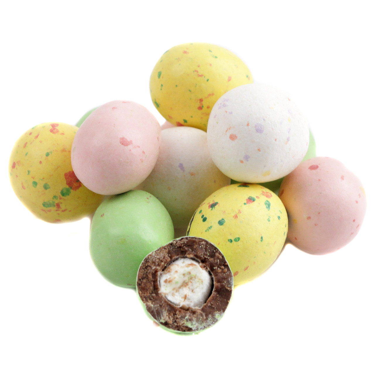 Pastel speckled egg chocolate covered mini marshmallows, approx 75 per pound. Festive Easter candy.