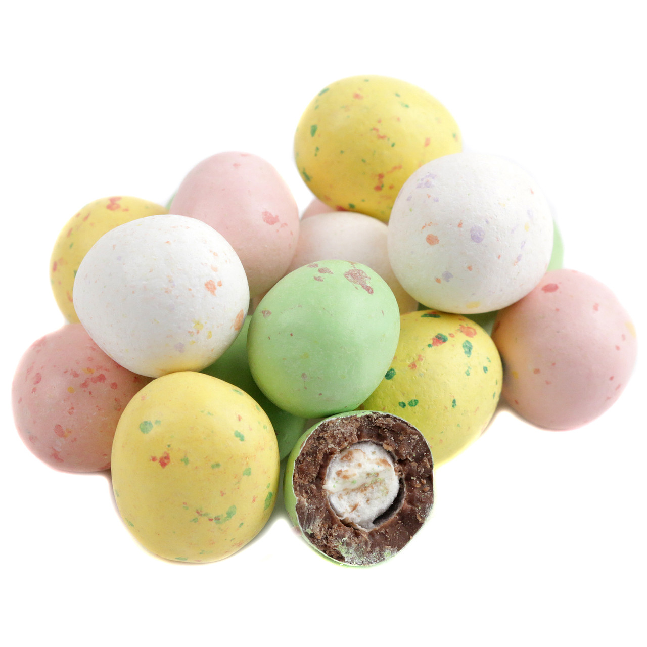 Pastel speckled egg chocolate covered mini marshmallows, approx 75 per lb. Easter candy for baskets, buffets.