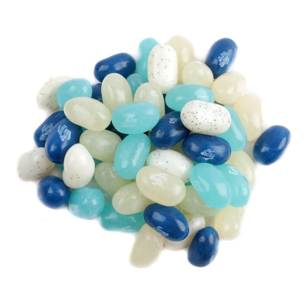Jelly Belly Winter Mix jelly beans, an array of blue, cream, white colors, approximately 400 per pound.