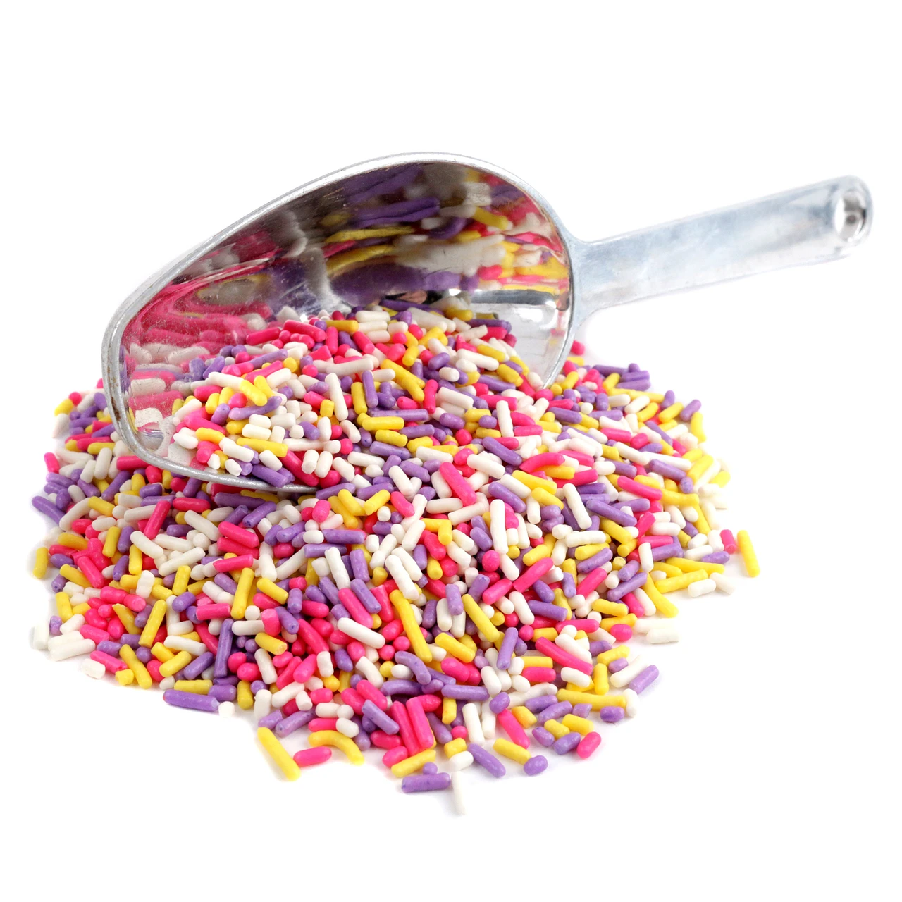 Spring Mix Sprinkles, pink, yellow, purple, white decorettes for Easter baking, dessert toppings, and treats.
