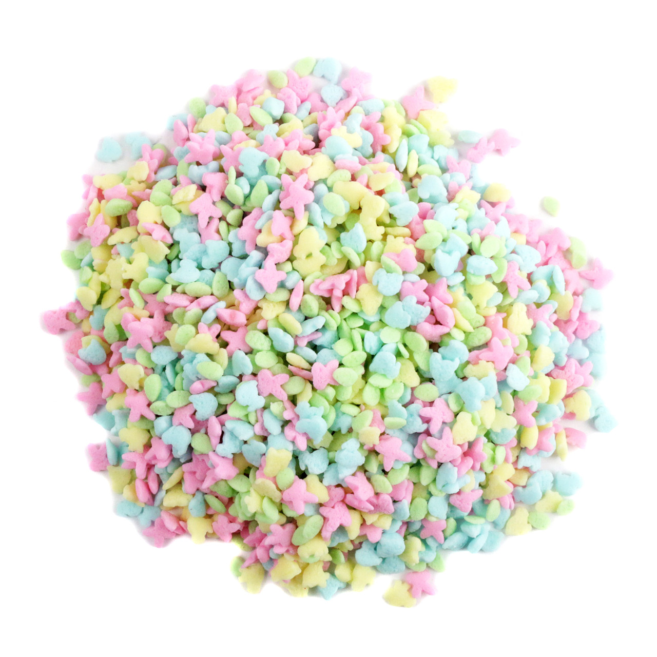 Candy Nation Bunny & Chicks Easter sprinkles, pastel bunnies, chicks, and egg shapes. Festive baking decorations.