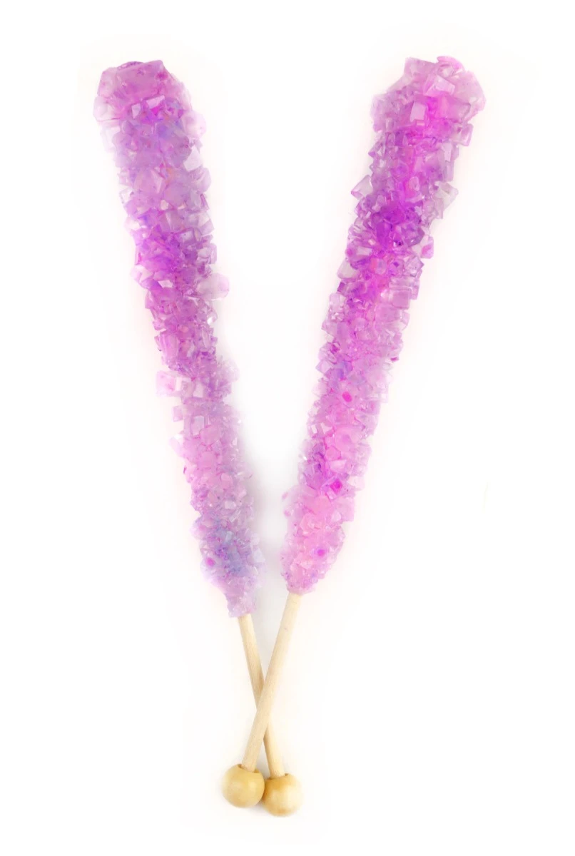 12 light purple lavender rock candy sticks, individually wrapped, 6 inches long, sweet fruity flavor.