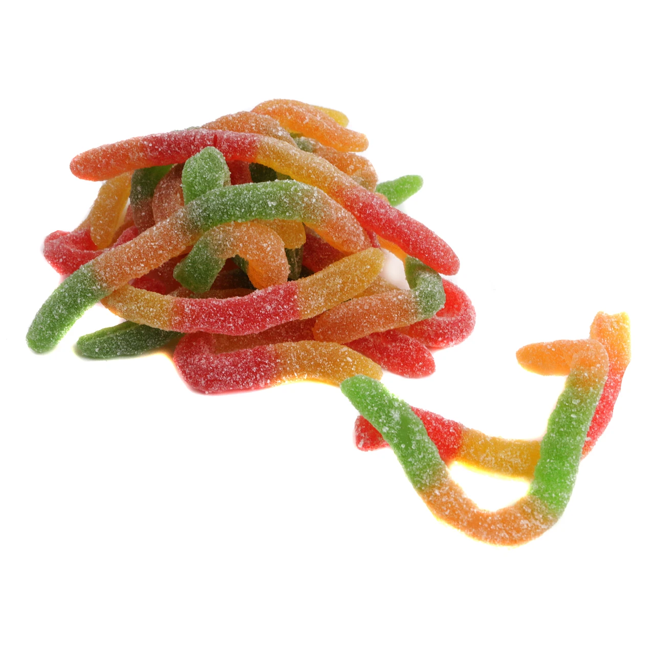 Kervan Sour Gummy Worms, two-toned vibrant rainbow colors, sour sugar coating, 5-inch, fruity, approx 75 per pound.