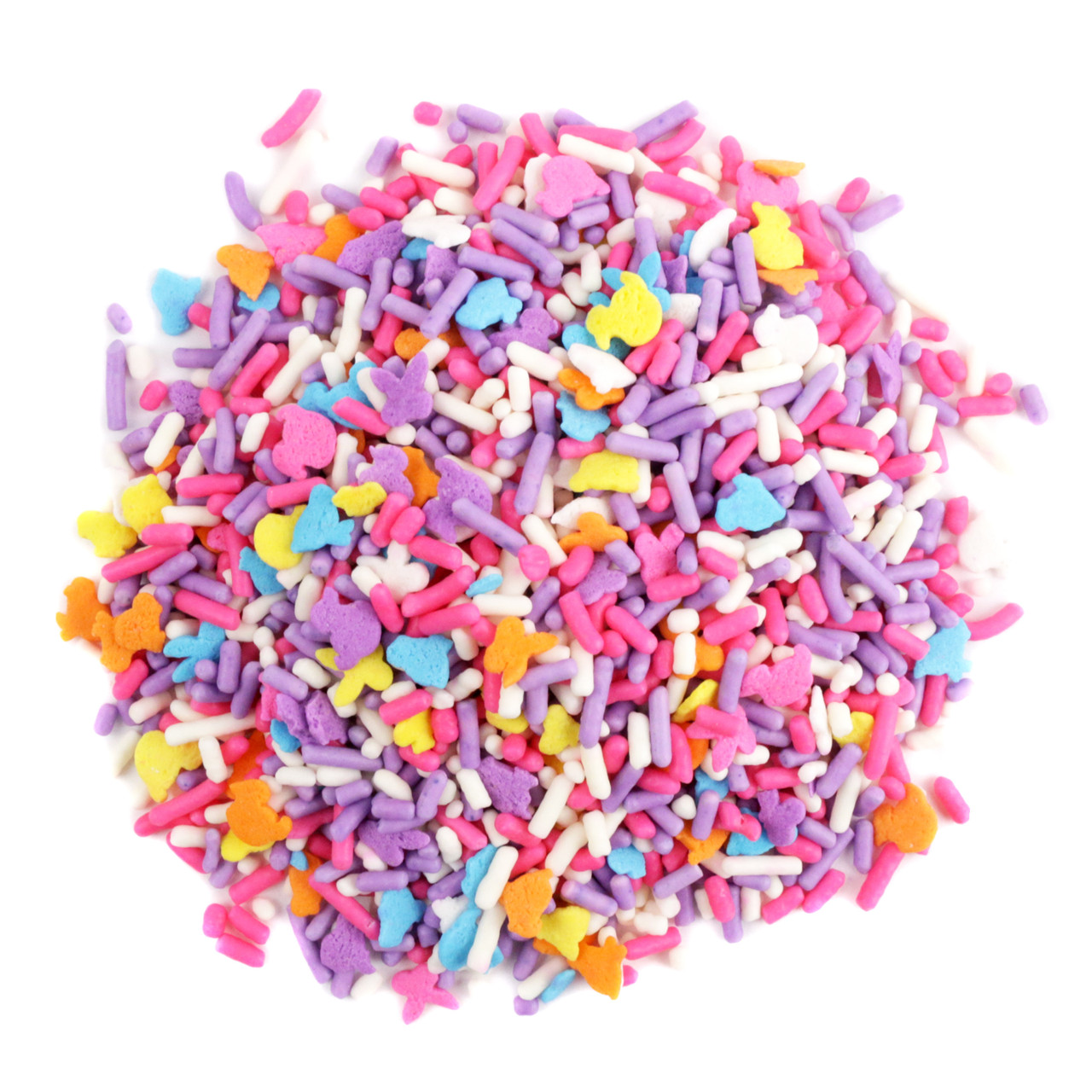 Assorted colorful Easter bunny, chick, duck sprinkles mix, ideal for decorating cookies and desserts.