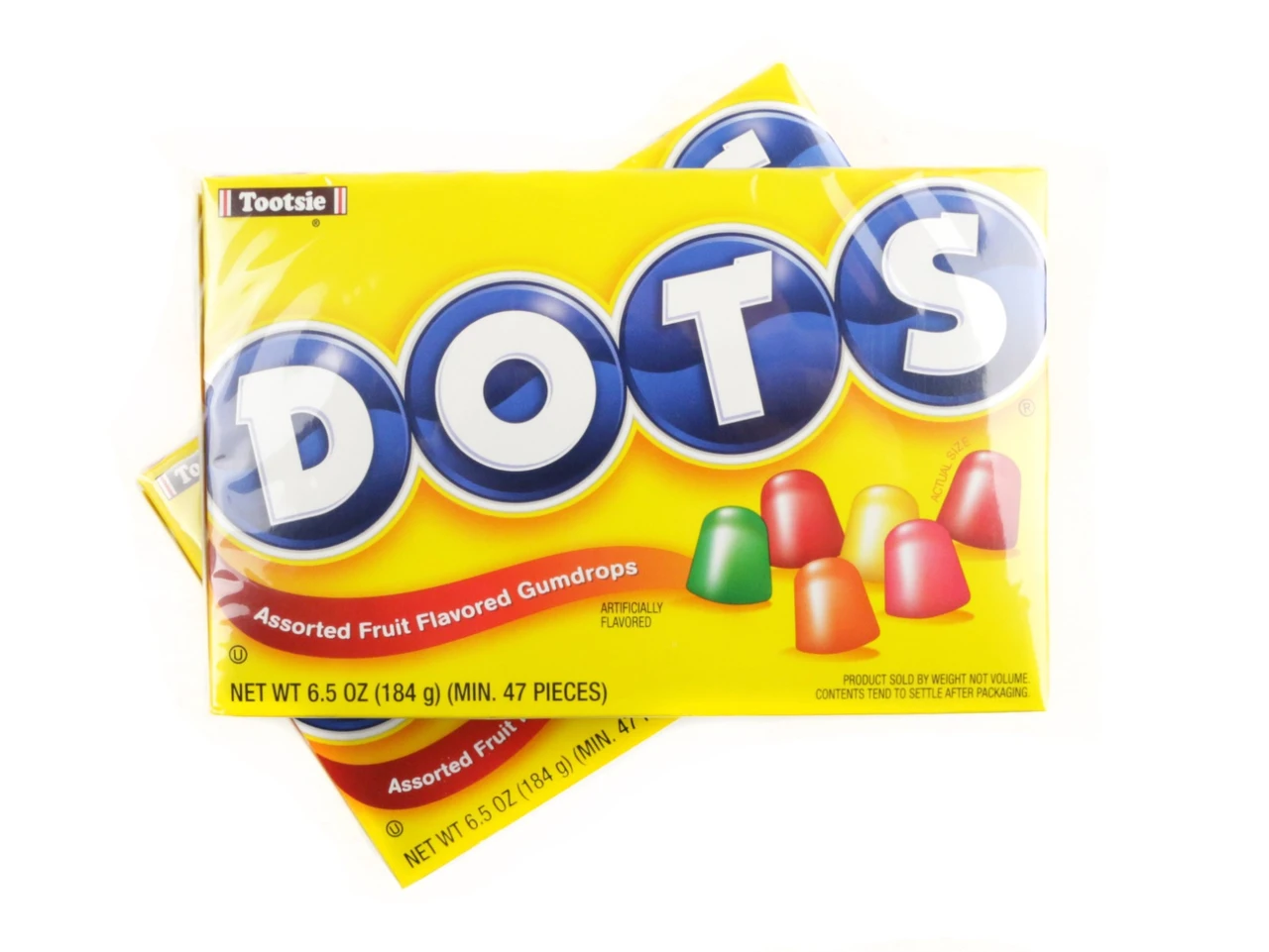 Twelve 6.5oz Dots Candy Theater Boxes, filled with assorted red, yellow, green, orange, pink fruity jelly candy.