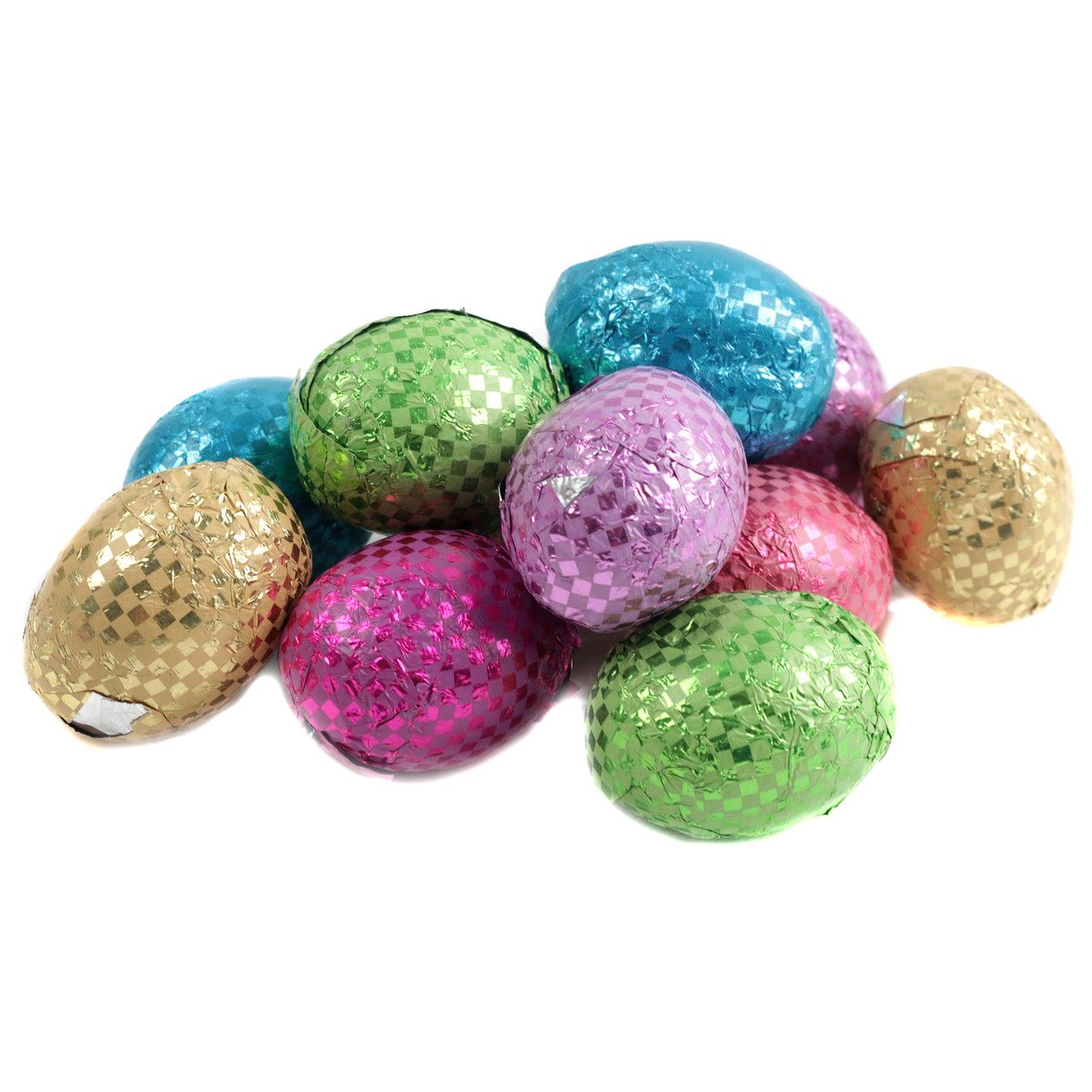 Crispy milk chocolate Easter eggs, vibrant Easter-colored foils, approximately 63 eggs per pound, Madelaine Candy.