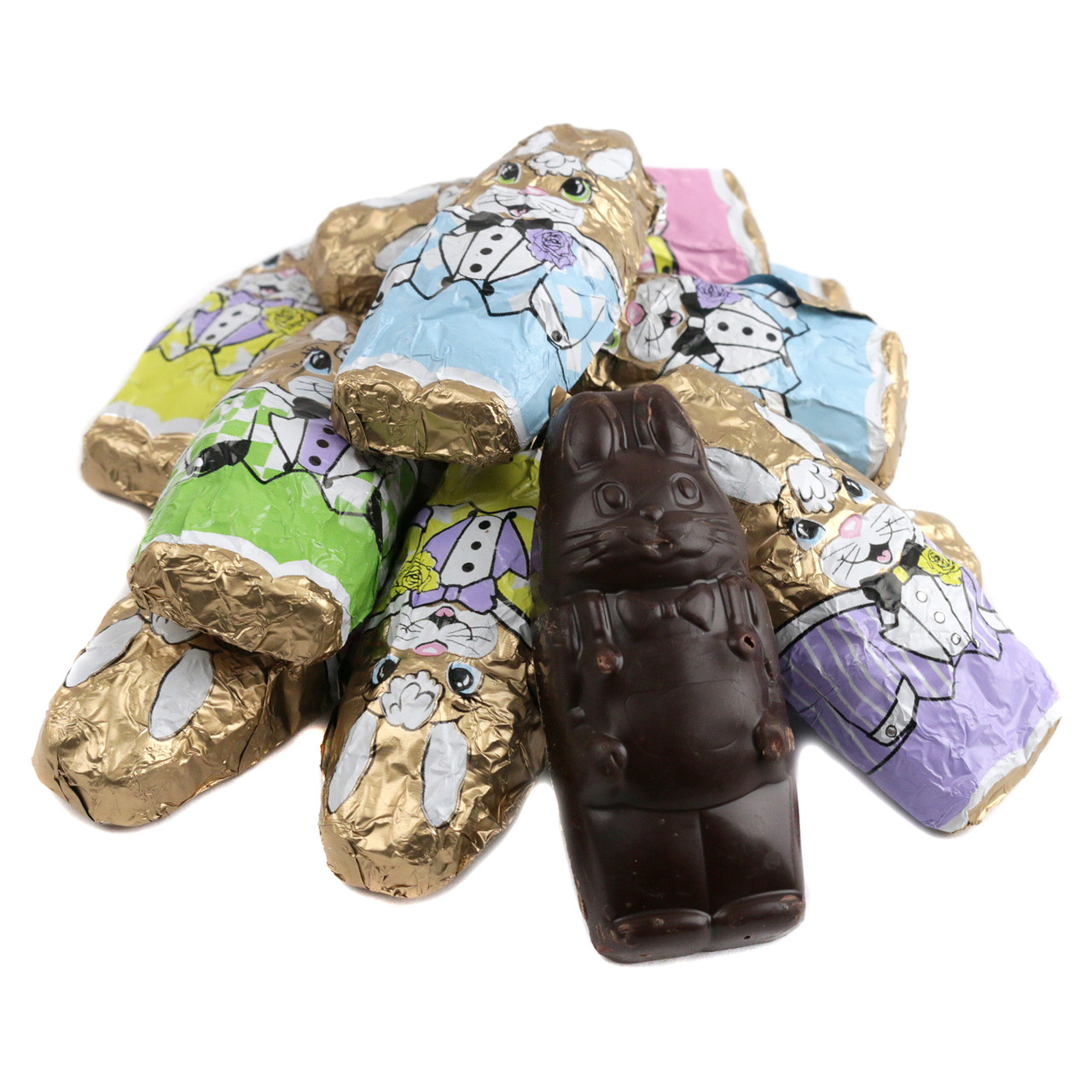 Assorted colorful foil-wrapped solid dark chocolate Easter bunnies. Premium, approx 50 pieces per pound.
