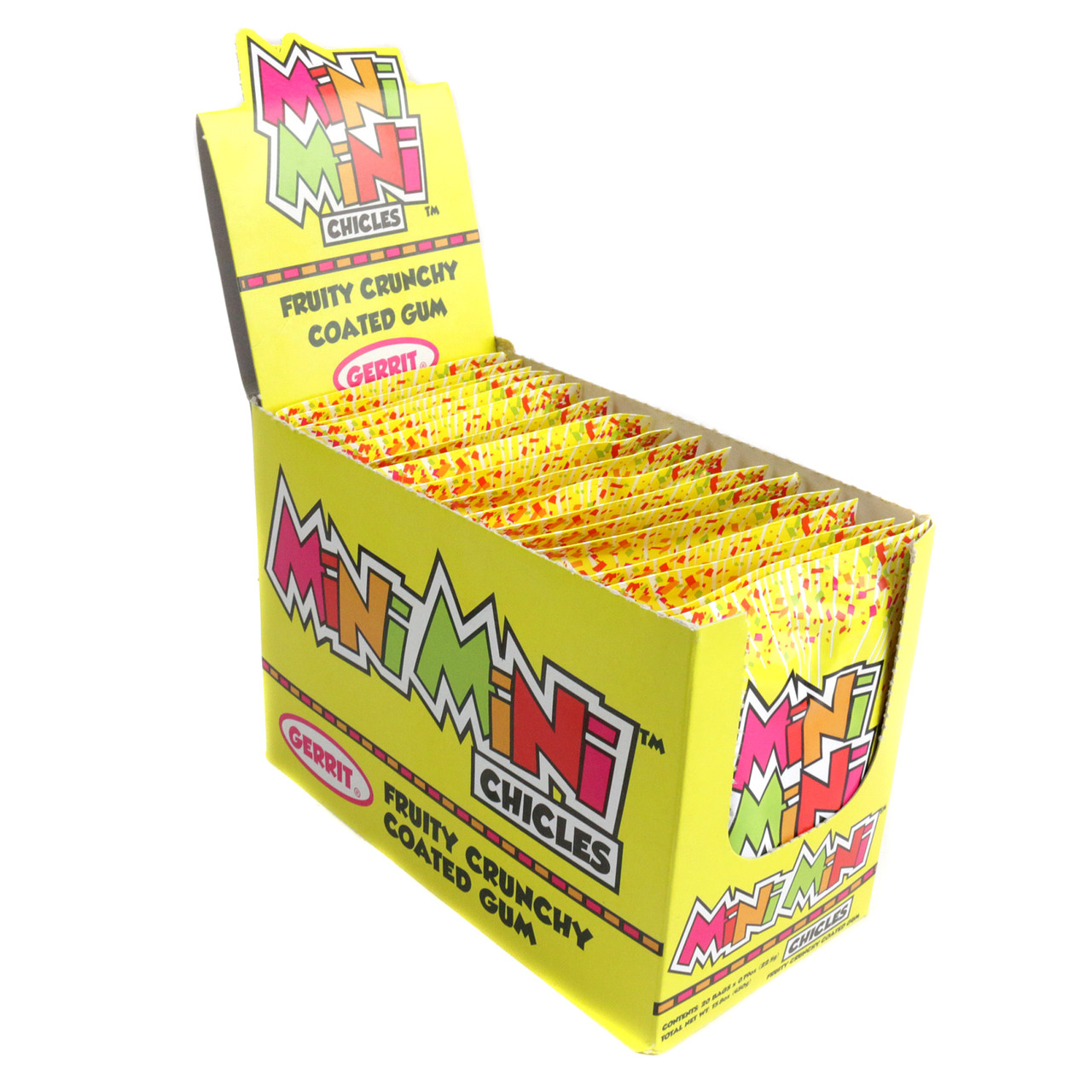 Mini Mini Chicles Fruit Chewing Gum, tiny assorted rainbow pieces, crunchy fruity shells. 20 bags, .79oz each.