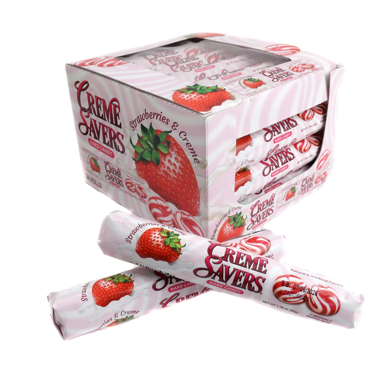 24 rolls of pink strawberry and white cream Creme Savers hard candy. Retro old-fashioned bulk candy.