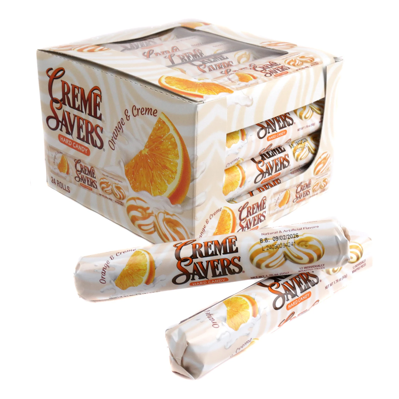 Creme Savers Orange & Creme Hard Candy, 24 rolls. Bright orange and creamy white swirled retro candy.