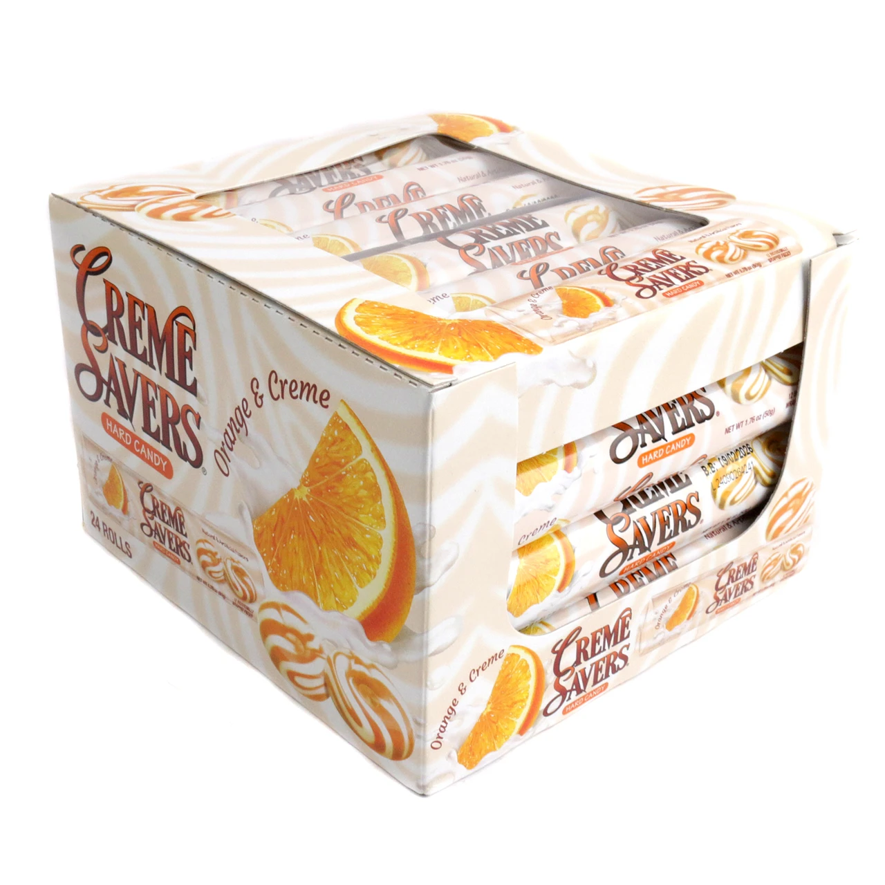 Creme Savers Orange & Creme hard candy, 24 rolls. Orange, white swirled retro hard candy.