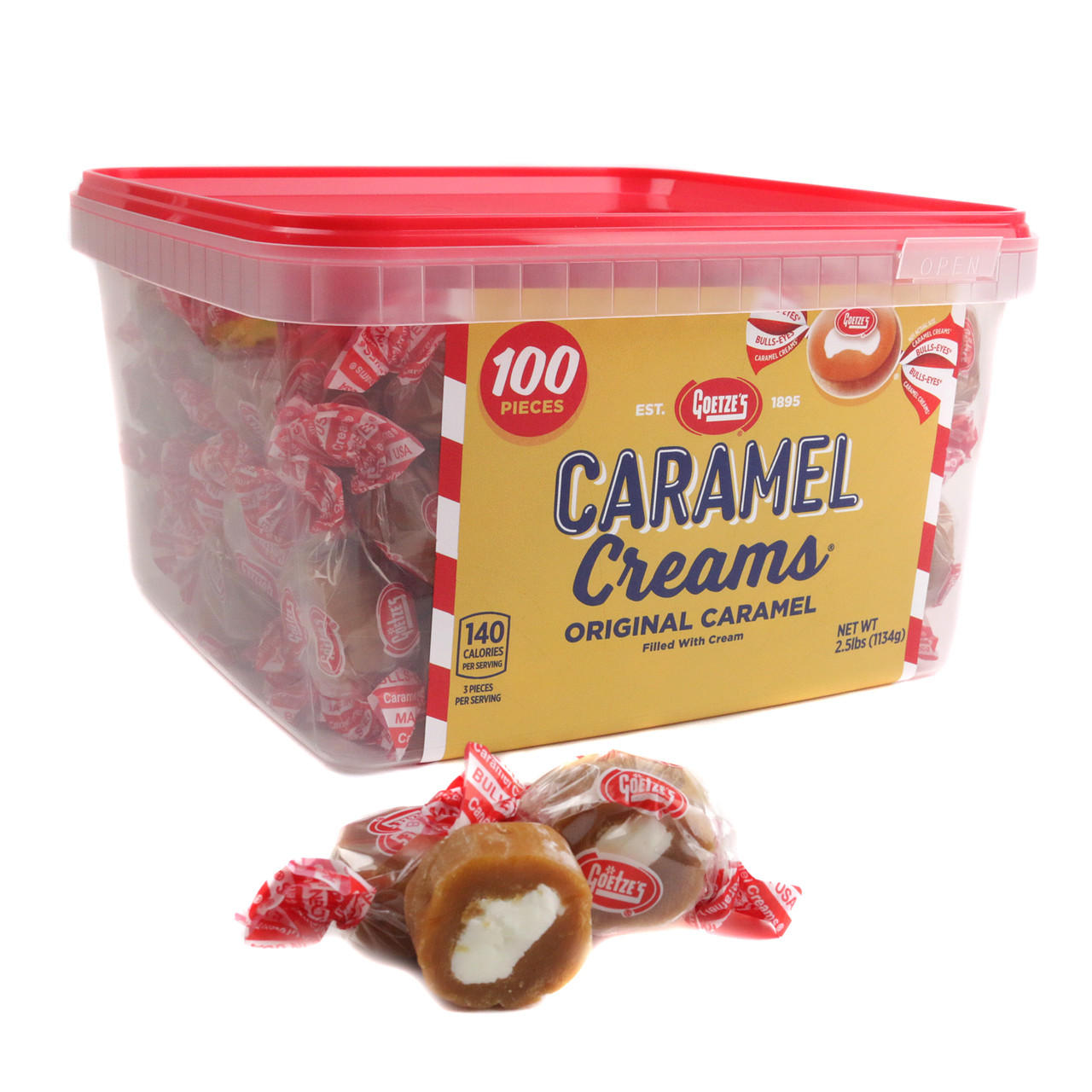 Goetze's Caramel Creams Vanilla, 100 piece 2.5lb tub, chewy caramel brown outside, creamy vanilla center, bullseye candy.