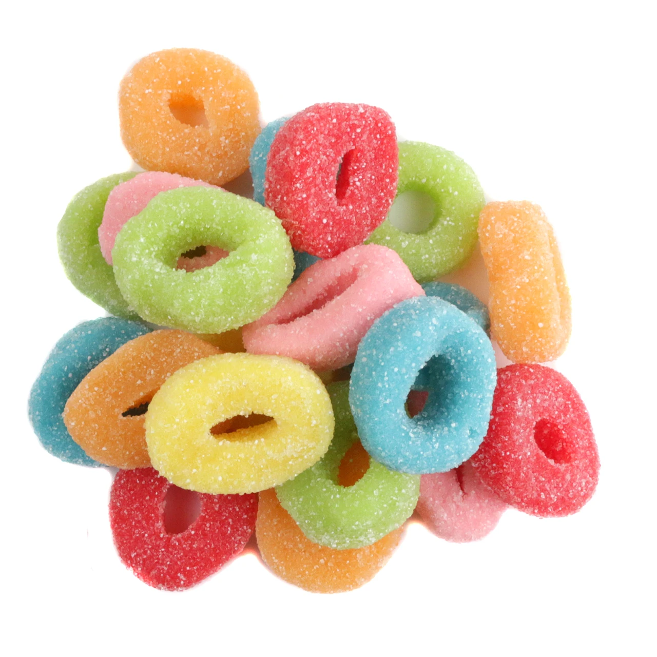 Sour Gummy Rings, rainbow neon colors, shimmering sour sugar coating, 53 rings per pound, fruity assorted flavors, Clever Candy.