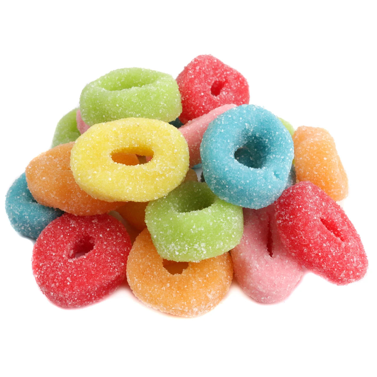 Sour Gummy Rings, rainbow-colored, neon, shimmering sour sugar coating. Approximately 53 fruity rings per pound.