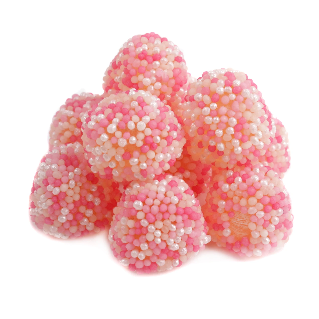 Pink Nonpareil Gummy Berries, sweet strawberry flavor, covered in pink and pearly white nonpareils, approx. 100 per pound.