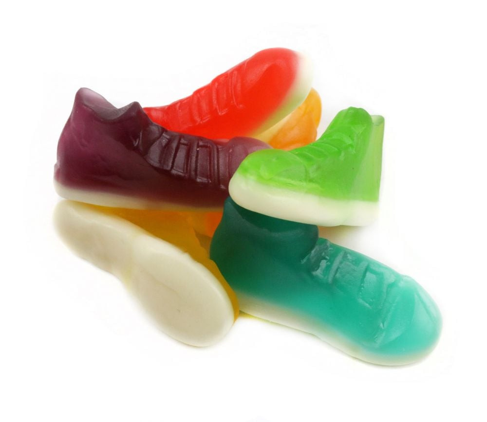 Gummy high top sneakers in a rainbow of colors, fruity flavors, approximately 65 pieces per pound.
