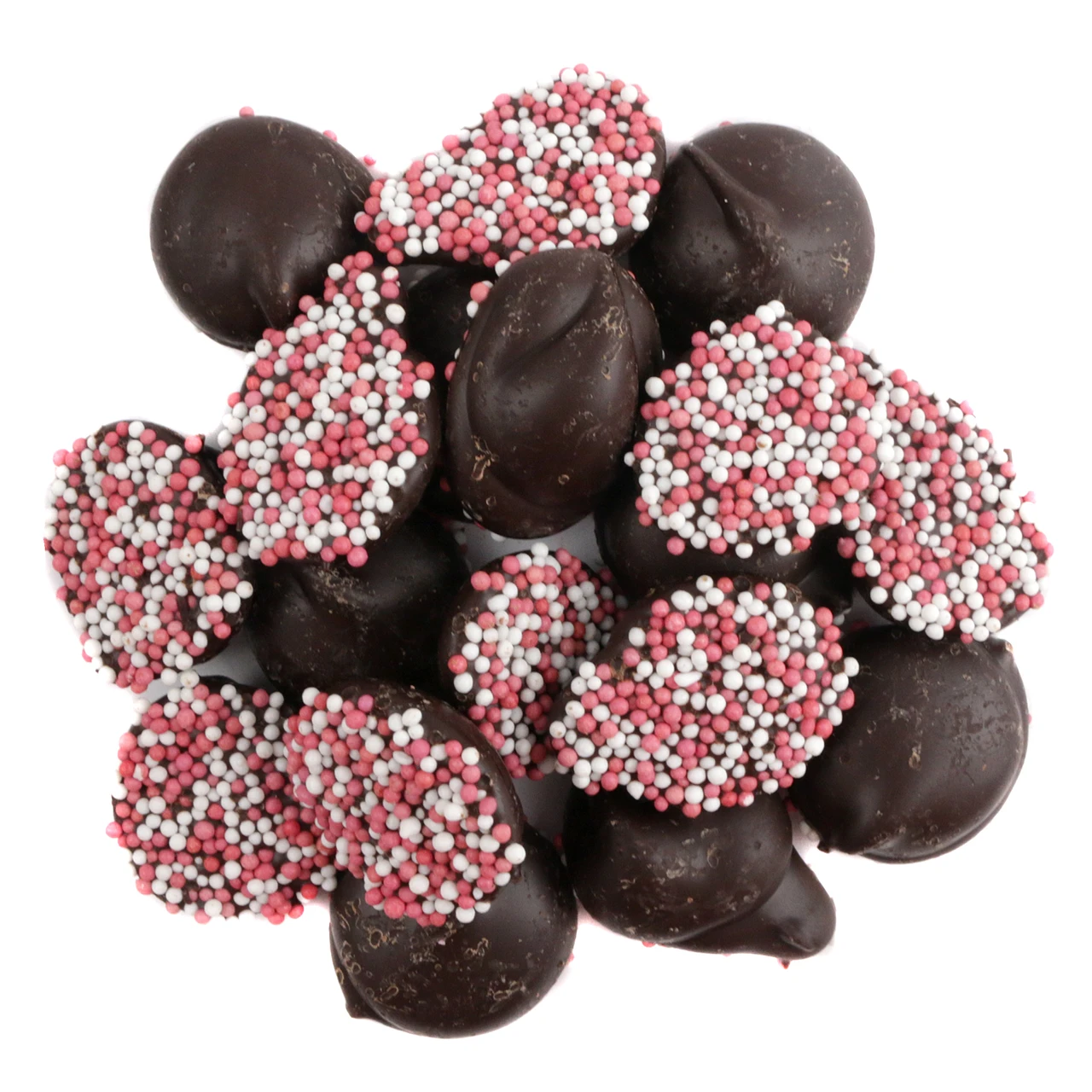 Reppert Valentine dark chocolate nonpareils, approx. 130 discs per pound, with red, pink, white sprinkles. USA made.