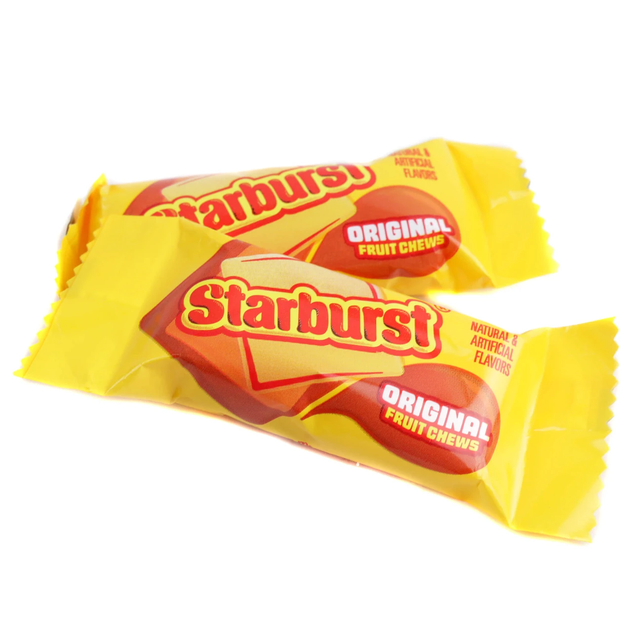 Starburst Fruit Chews Fun Size packs, individually wrapped. Rainbow of red, pink, orange, yellow chewy candies.
