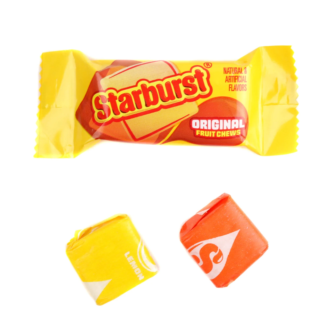 Vibrant Starburst Fun Size fruit chews, individually wrapped, in red, orange, yellow, pink colors. 2 candies per pack.