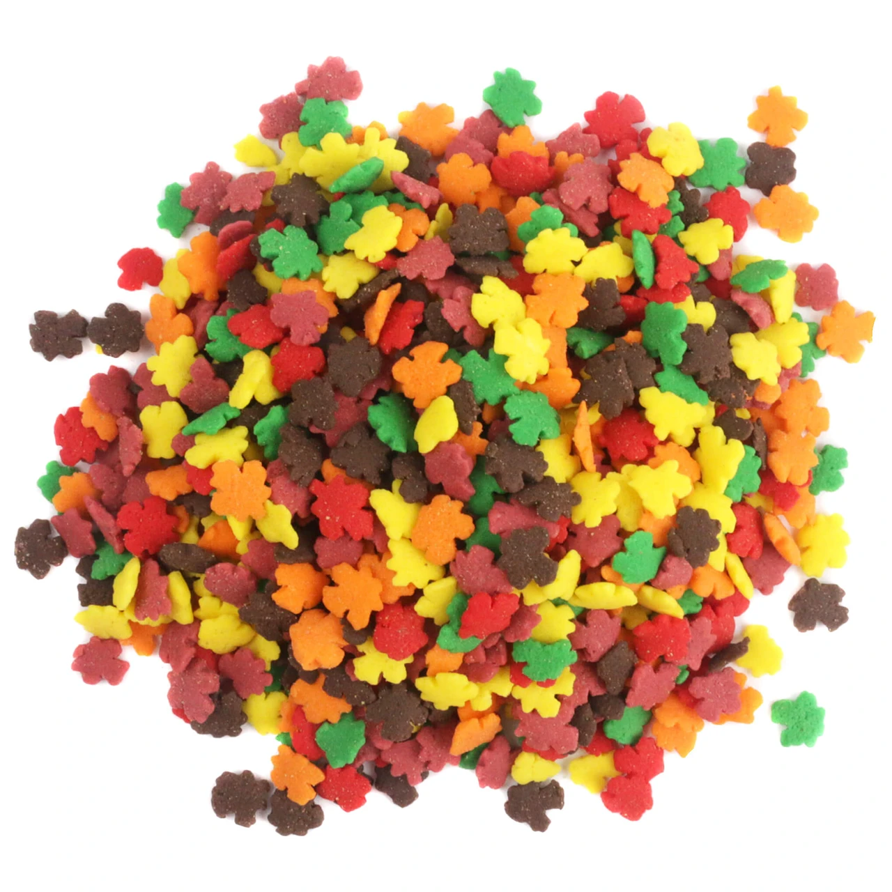 Assorted colorful Fall Leaves Sprinkles, delicate autumn leaf shapes in red, orange, yellow, brown, for decorating baked goods.