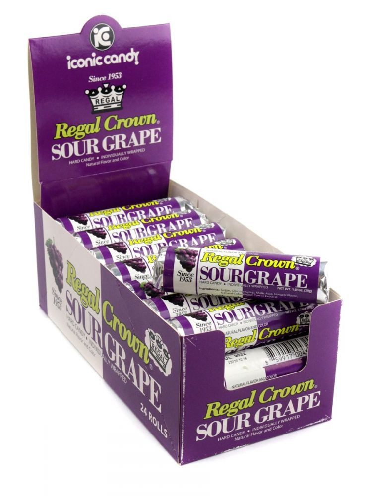 Regal Crown Sour Grape Rolls, 24 pack. Purple hard candy, 7 pieces per roll. Old fashioned iconic candy.