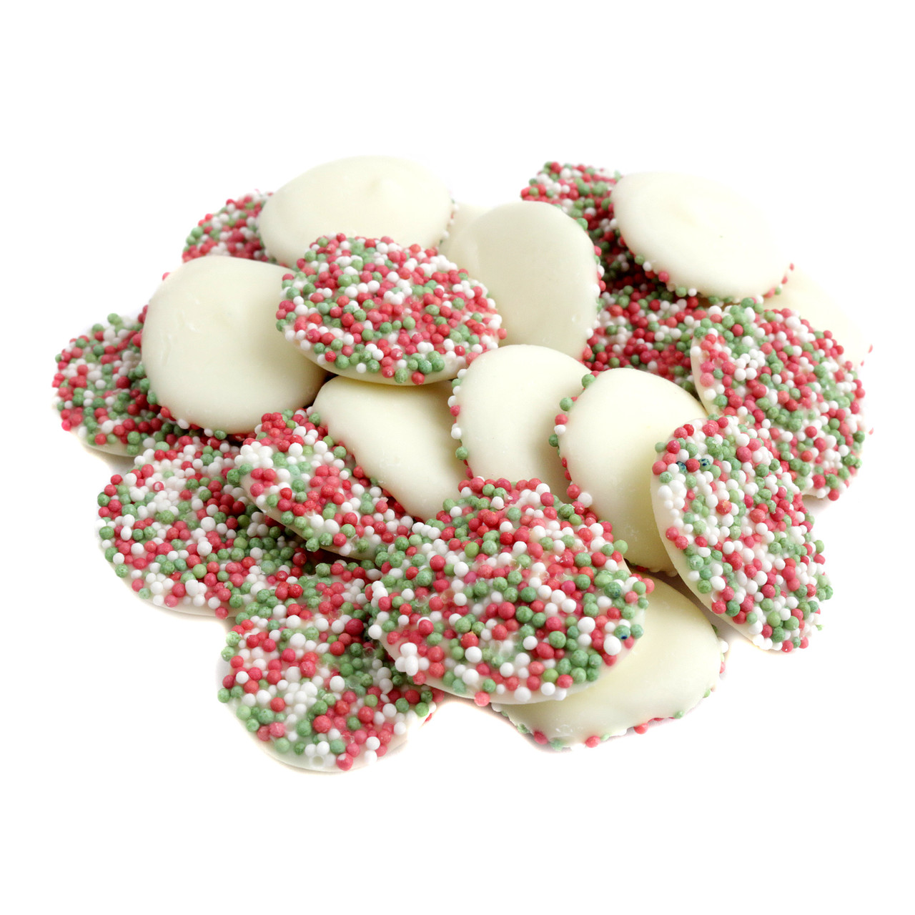 Christmas White Chocolate Nonpareils, white discs with festive red, green, white nonpareils, approx 130 pieces per pound.