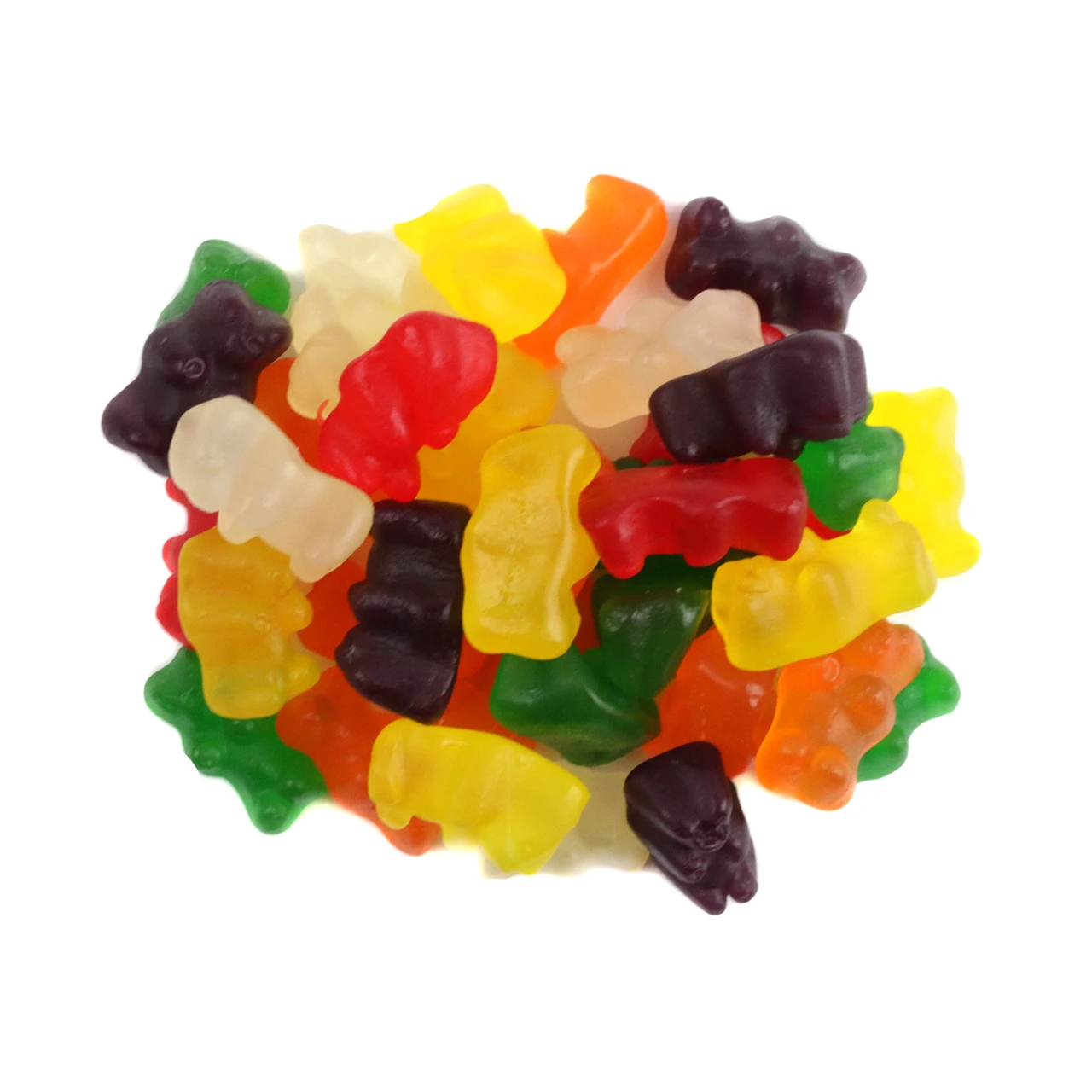 Bright, rainbow colors, fruity sugar-free gummy bears. Approx 130 bears per pound.