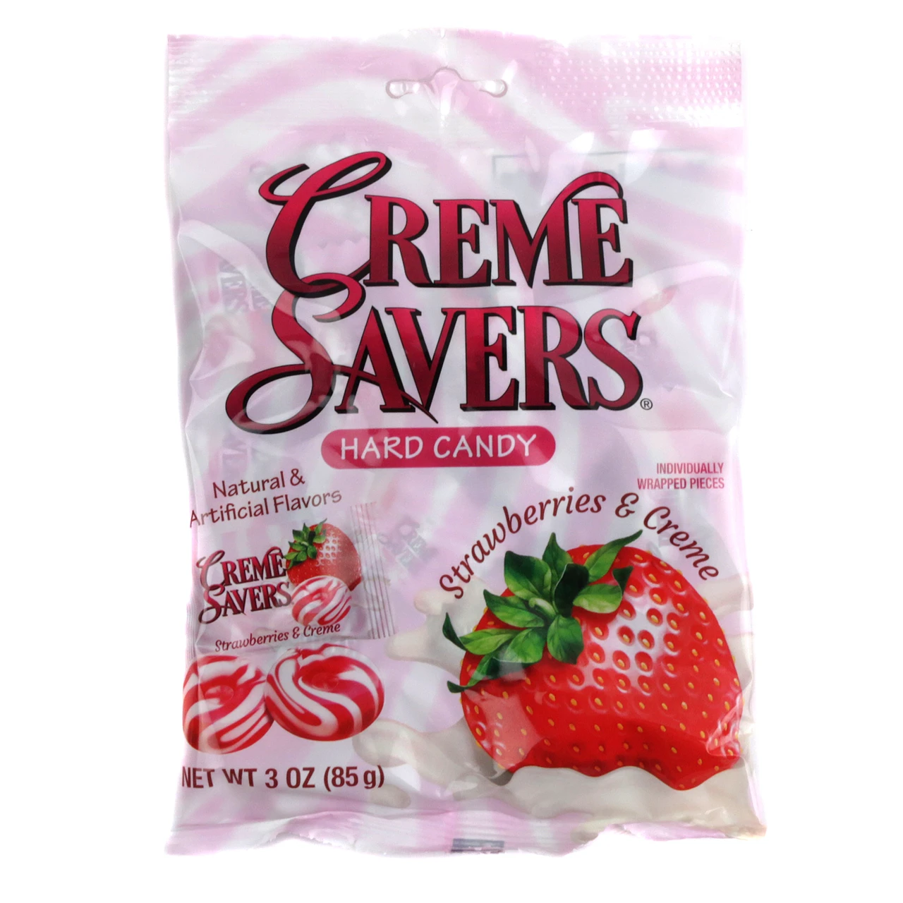 Creme Savers Strawberry & Creme hard candy, 3oz bag. Pink, red, and white swirled, individually wrapped.