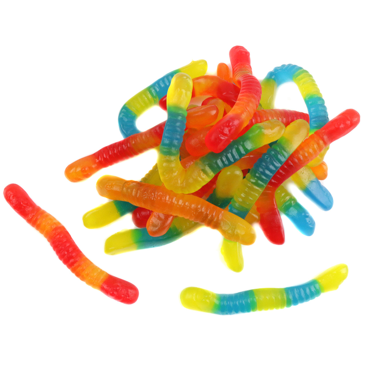 Colorful sugar free gummy worms, approximately 130 pieces per pound.