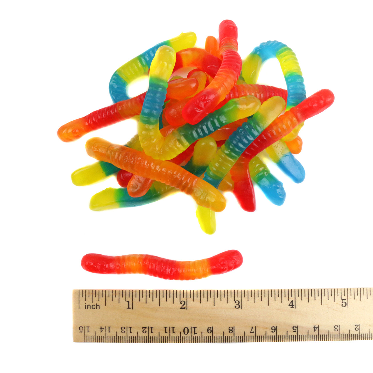 Approximately 130 colorful, worm-shaped, sugar free gummy worms per pound.