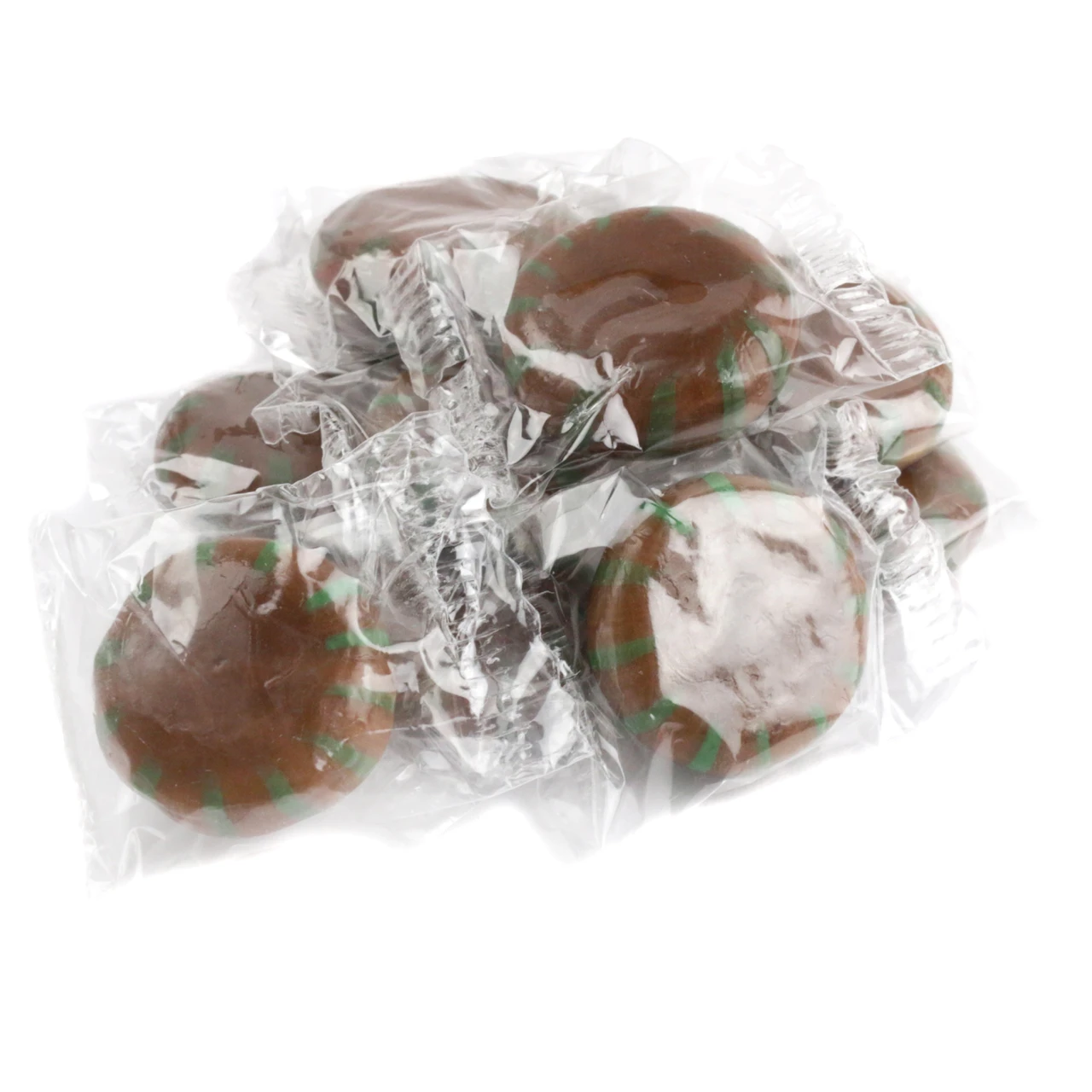 Chocolate Mint Hard Candy, green and brown striped, starlight mints, individually wrapped, 80 pieces per pound.
