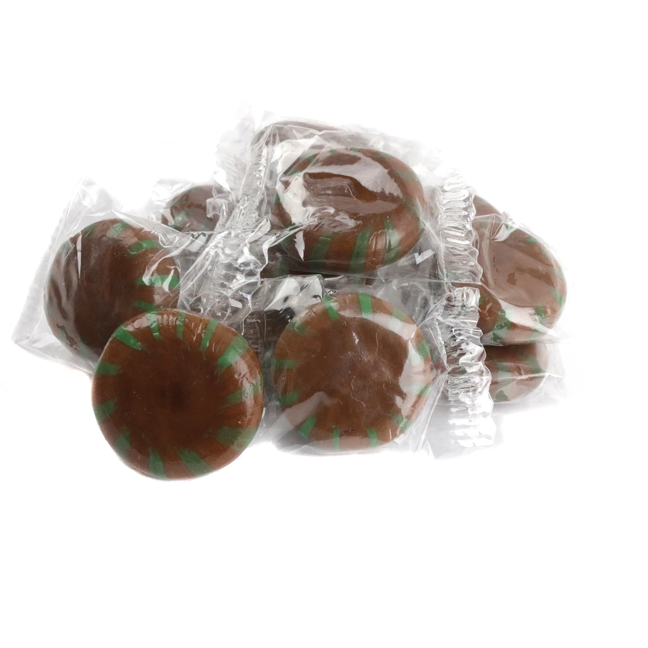 Chocolate Mint Hard Candy, green stripes, brown center, individually wrapped. Approx 80 pieces per pound, starlight mints.