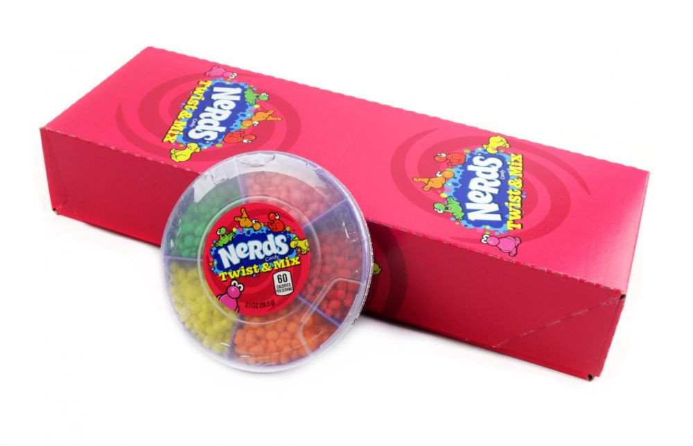 Nerds Twist & Mix 6 pack. Rainbow candy with five colorful sections, strawberry, orange, watermelon, cherry, lemonade.