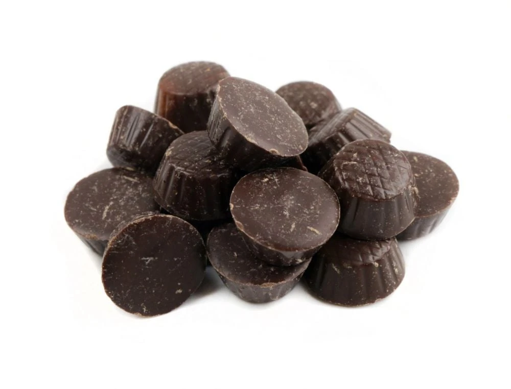Mini dark chocolate peanut butter cups, 275 per pound, rich brown and tan bite-sized candy.