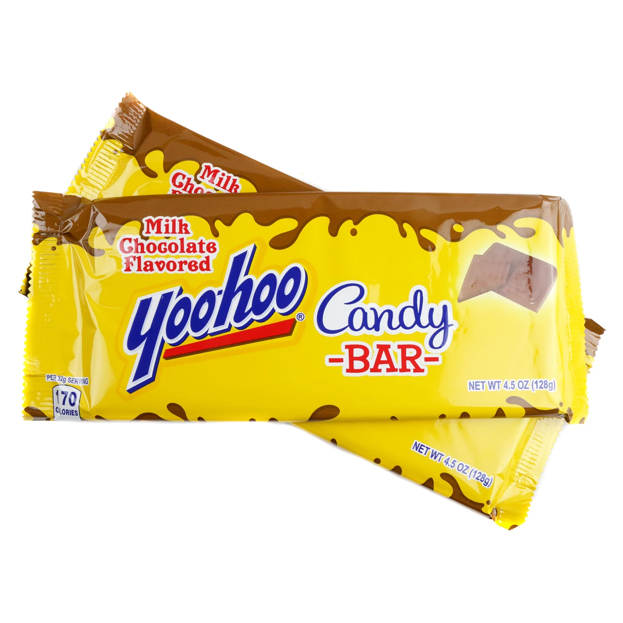 12 YooHoo Chocolate Bars, 4.5 oz each, vibrant yellow packaging, rich creamy Palmer chocolate, USA made.