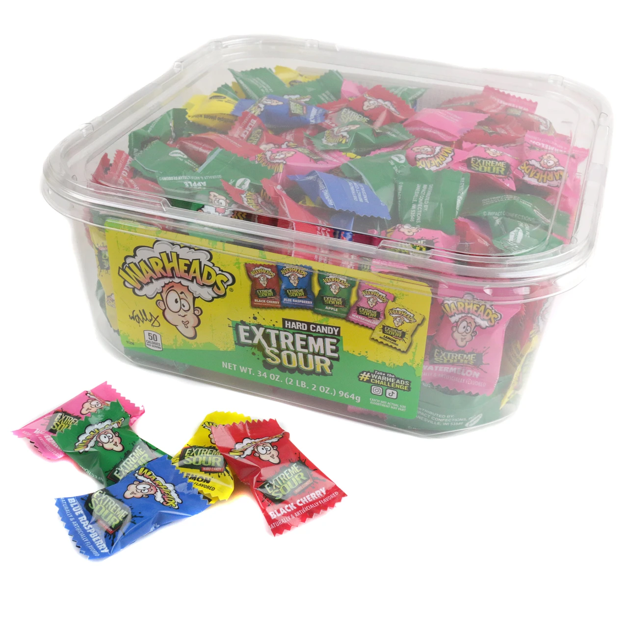 240 Warheads Sour Hard Candies, assorted rainbow fruit flavors, in a clear bulk tub.
