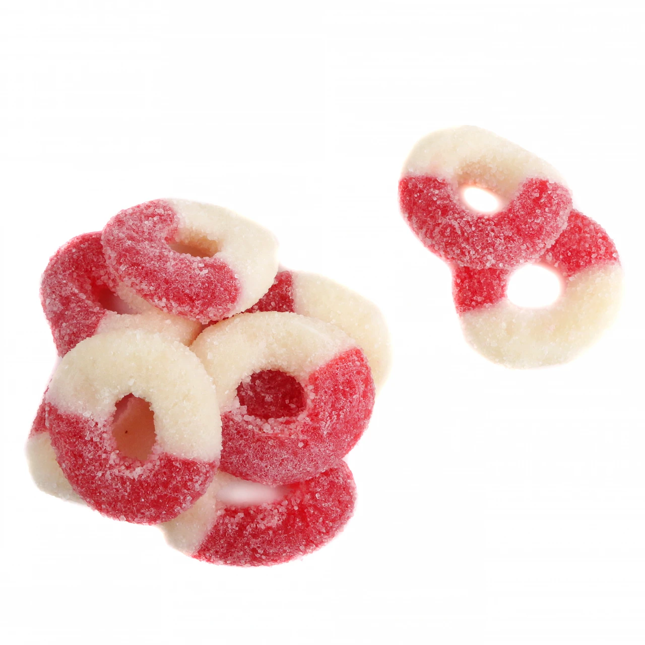 Red, chewy Sweet Cherry Gummy Rings, sugar-dusted, approximately 60 pieces per pound, delicious cherry flavor.