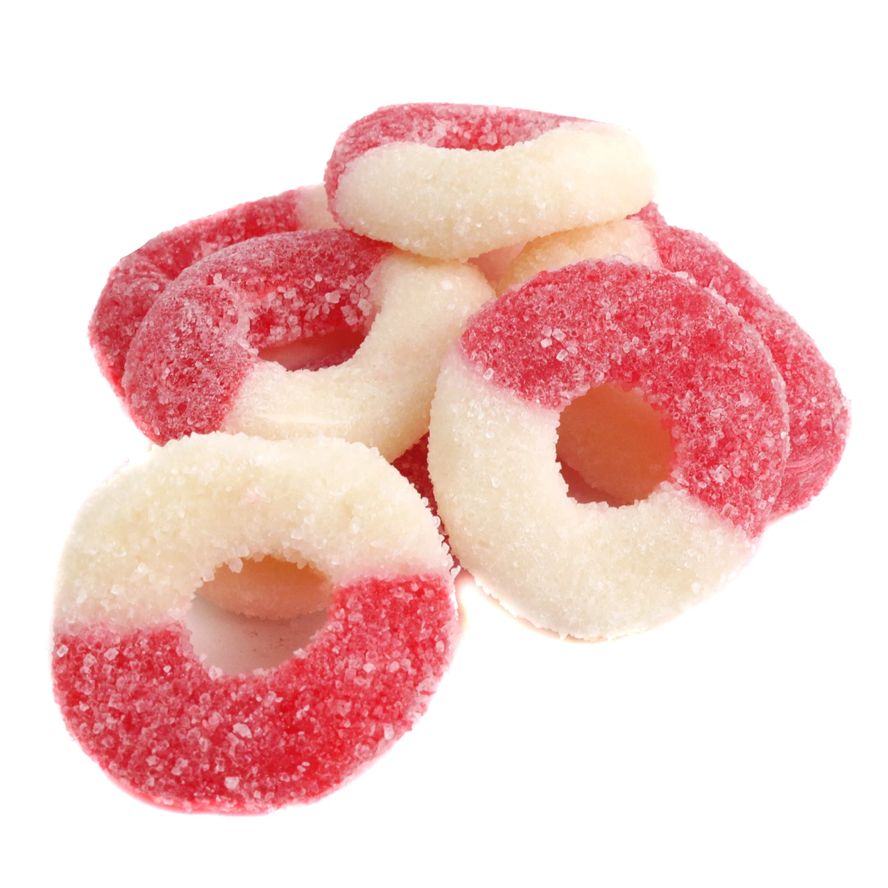 Red, chewy Sweet Cherry Gummy Rings, fruity cherry flavor, sugar-dusted. Approx. 60 gummy rings per pound.