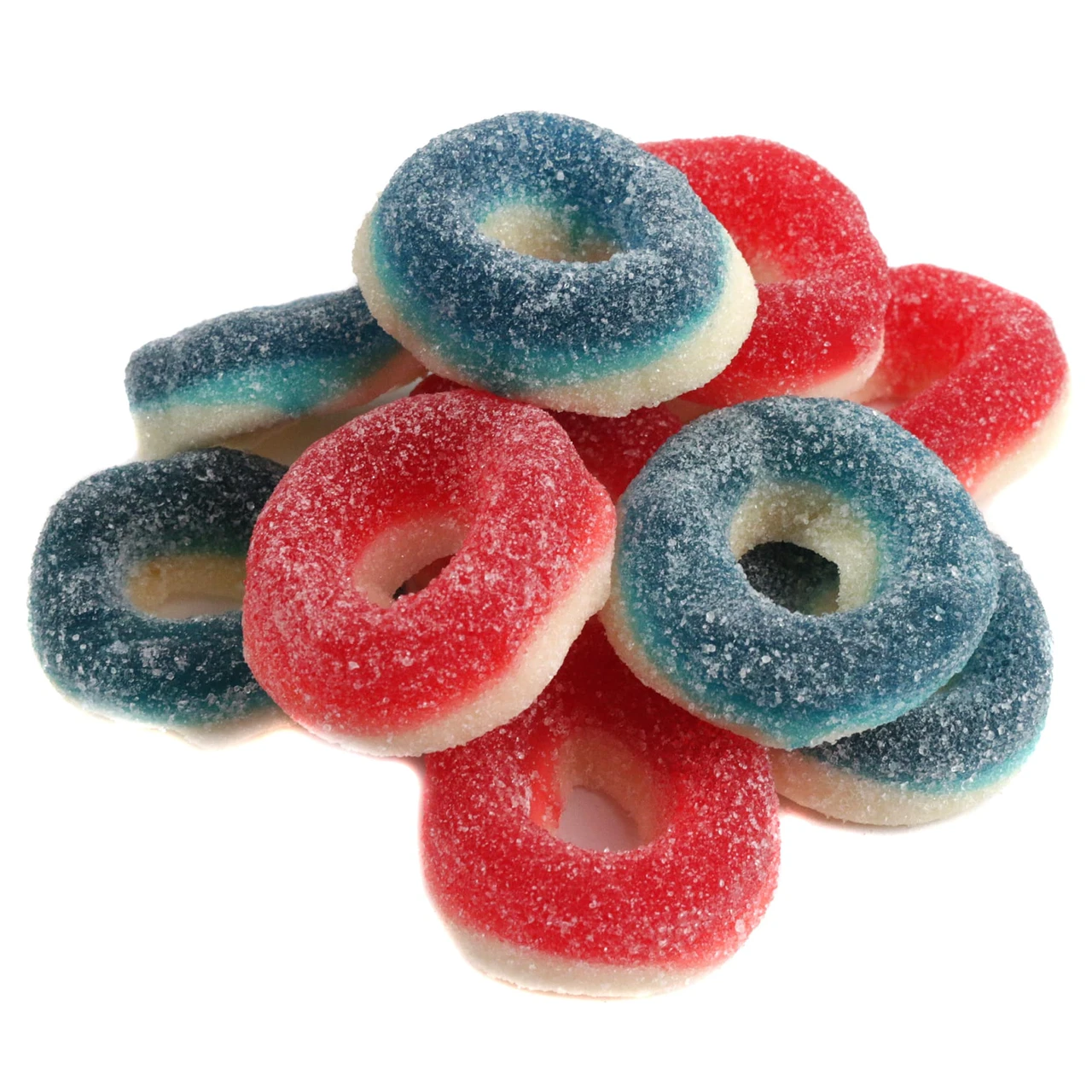 Kervan Patriotic Gummy Rings, bright red, white, blue, 55 cherry & blue raspberry rings per pound.