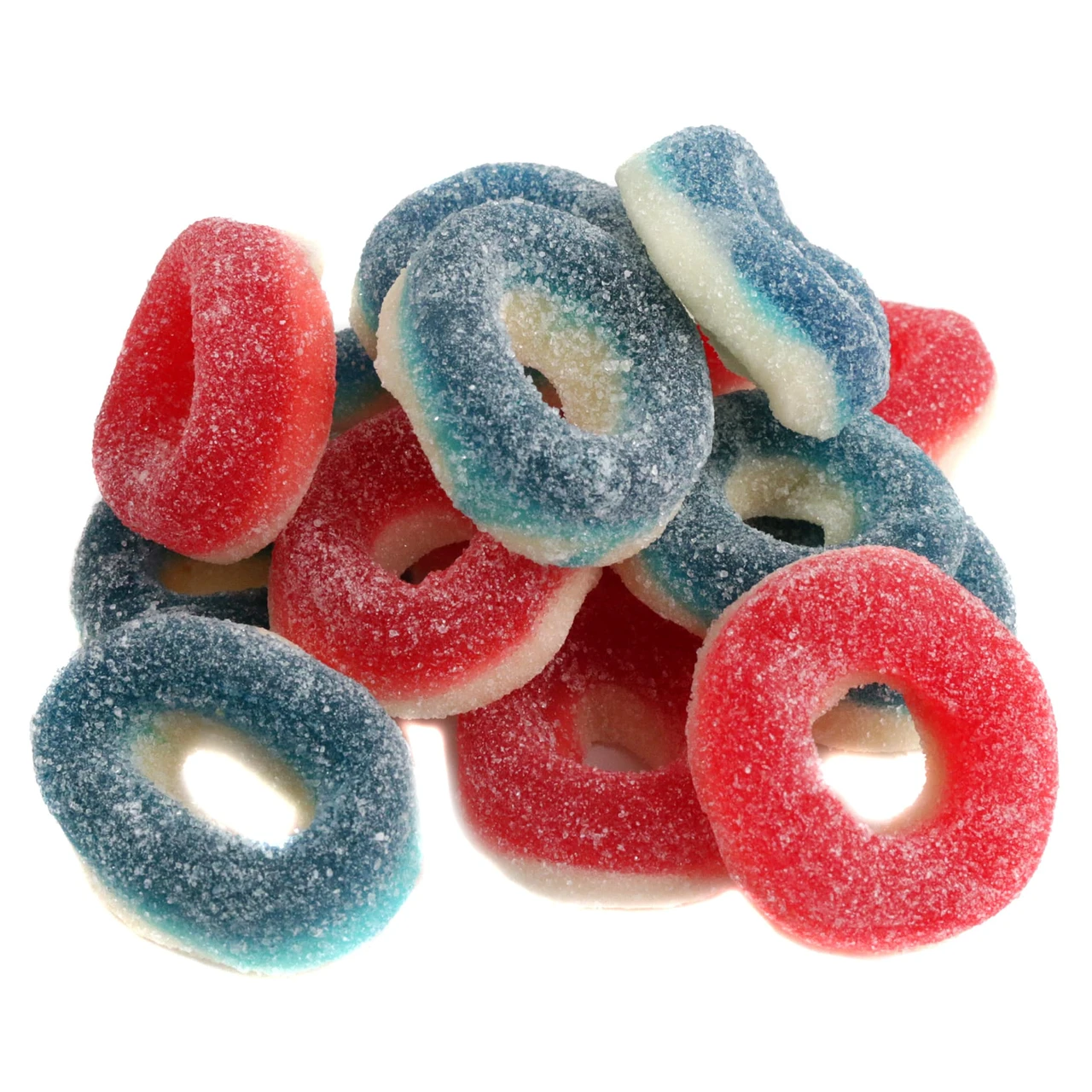 Red, white, blue Kervan Patriotic Gummy Rings, approximately 55 per pound, blue raspberry and sweet cherry.