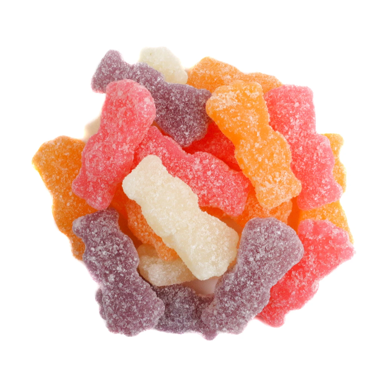 Vibrant assortment of tropical Sour Patch Kids, 160 per pound, in paradise punch, pineapple, tropical twist, passion fruit flavors.