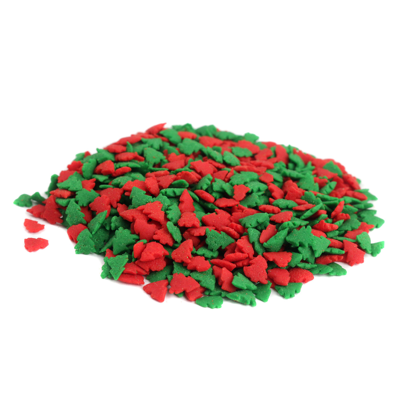 Red and Green Christmas tree sprinkles for festive holiday cookies, cupcakes, and desserts.