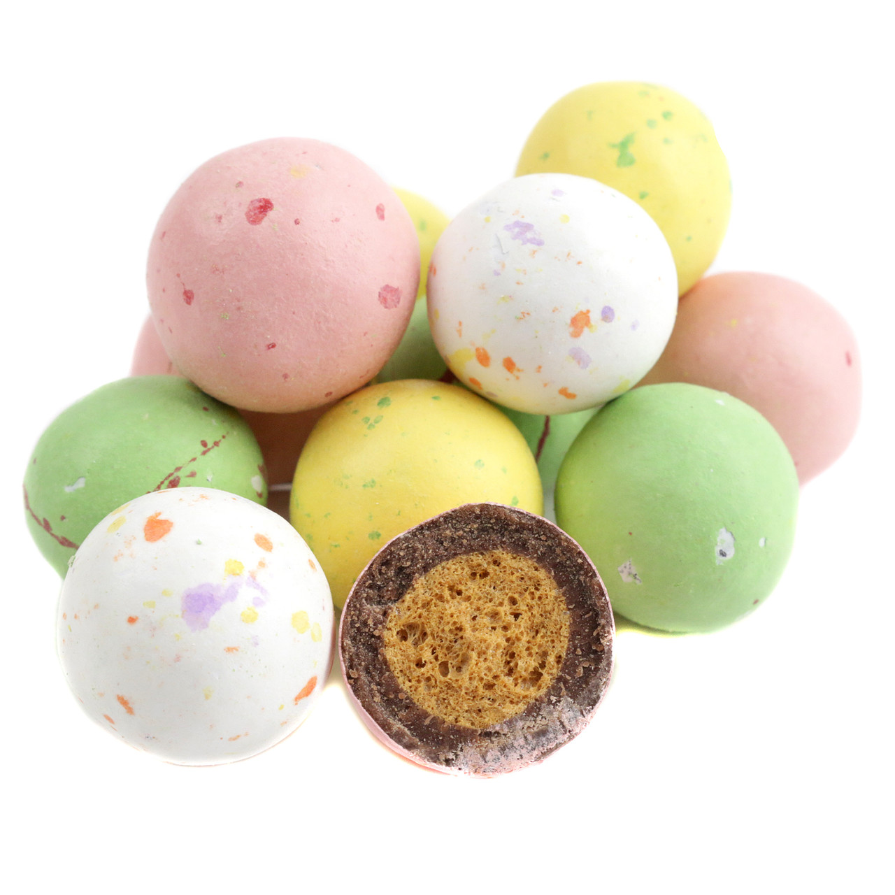Easter Speckled Egg Malt Balls, pastel speckled shells, milk chocolate, crunchy malt candy.