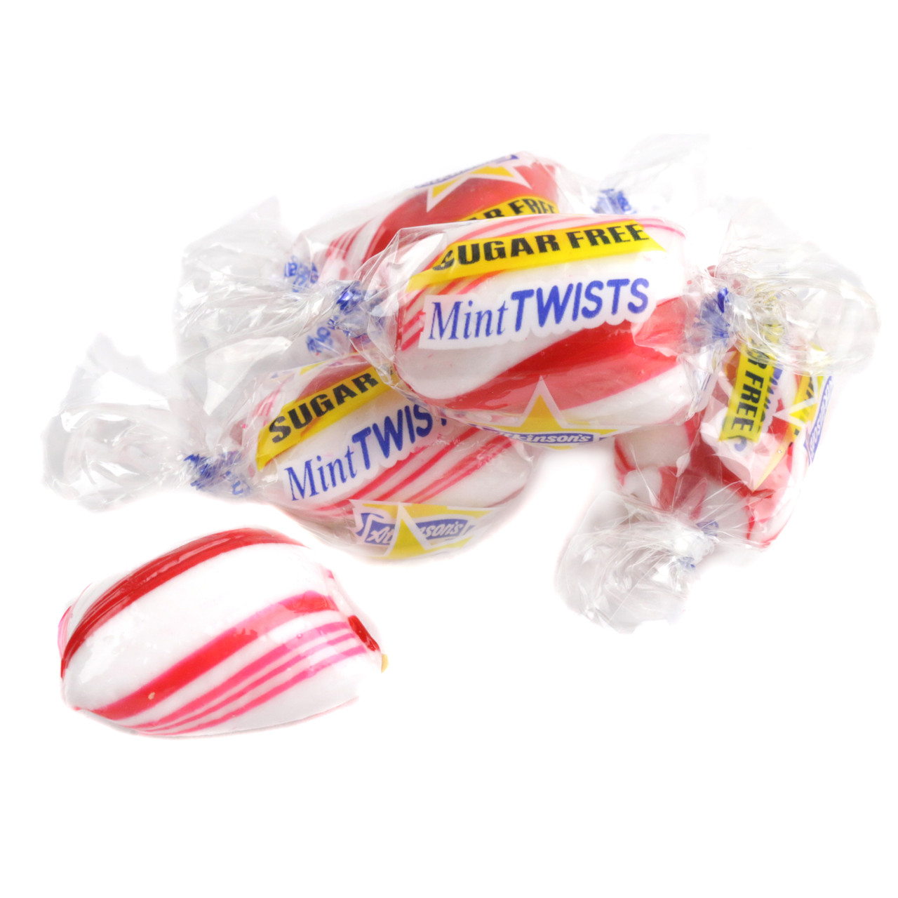 Red and white striped Peppermint Twists sugar-free hard candies, approx 100 count. Refreshing peppermint flavor.