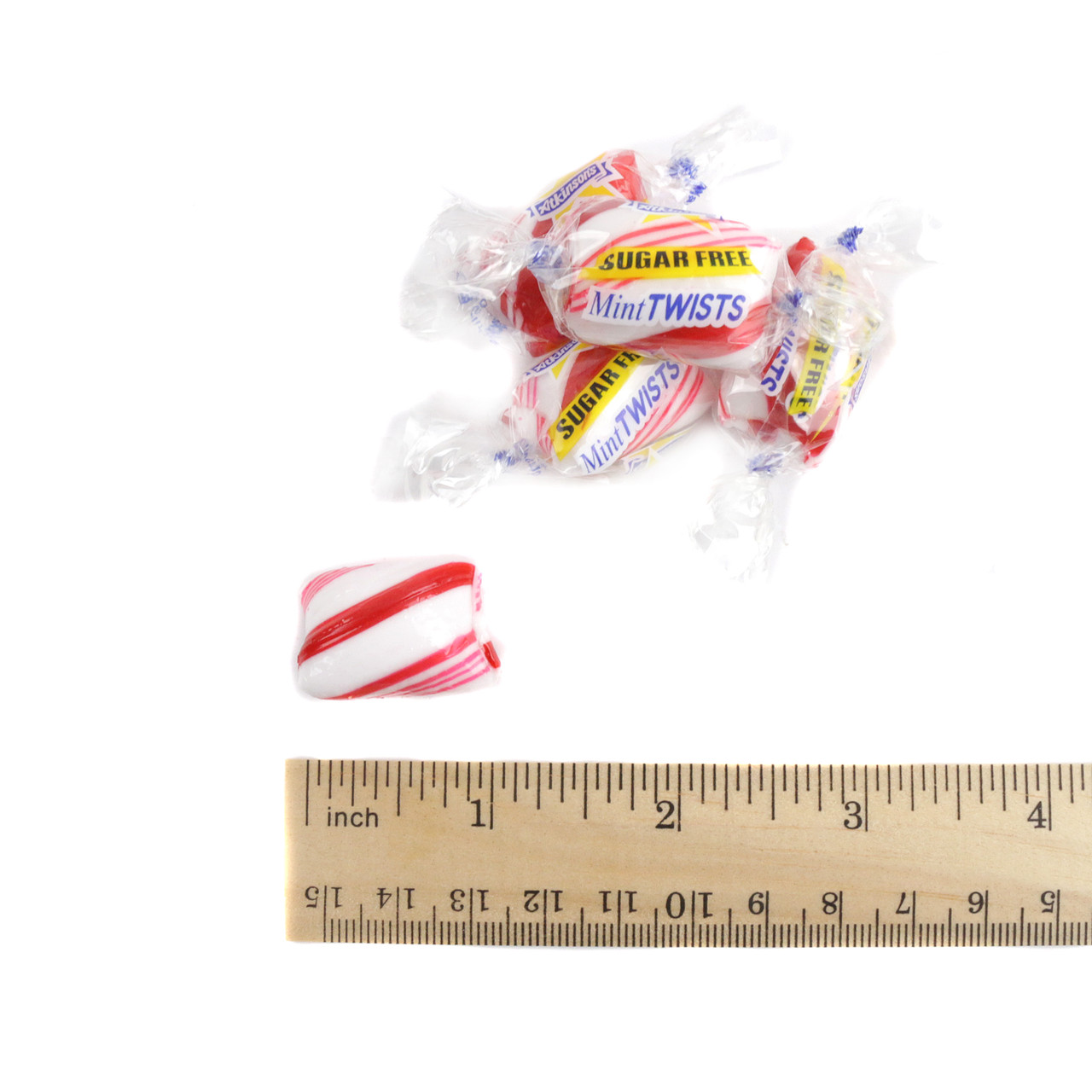Red and white peppermint twists, sugar free hard candies, approximately 100 per pound, sweetened with Splenda.