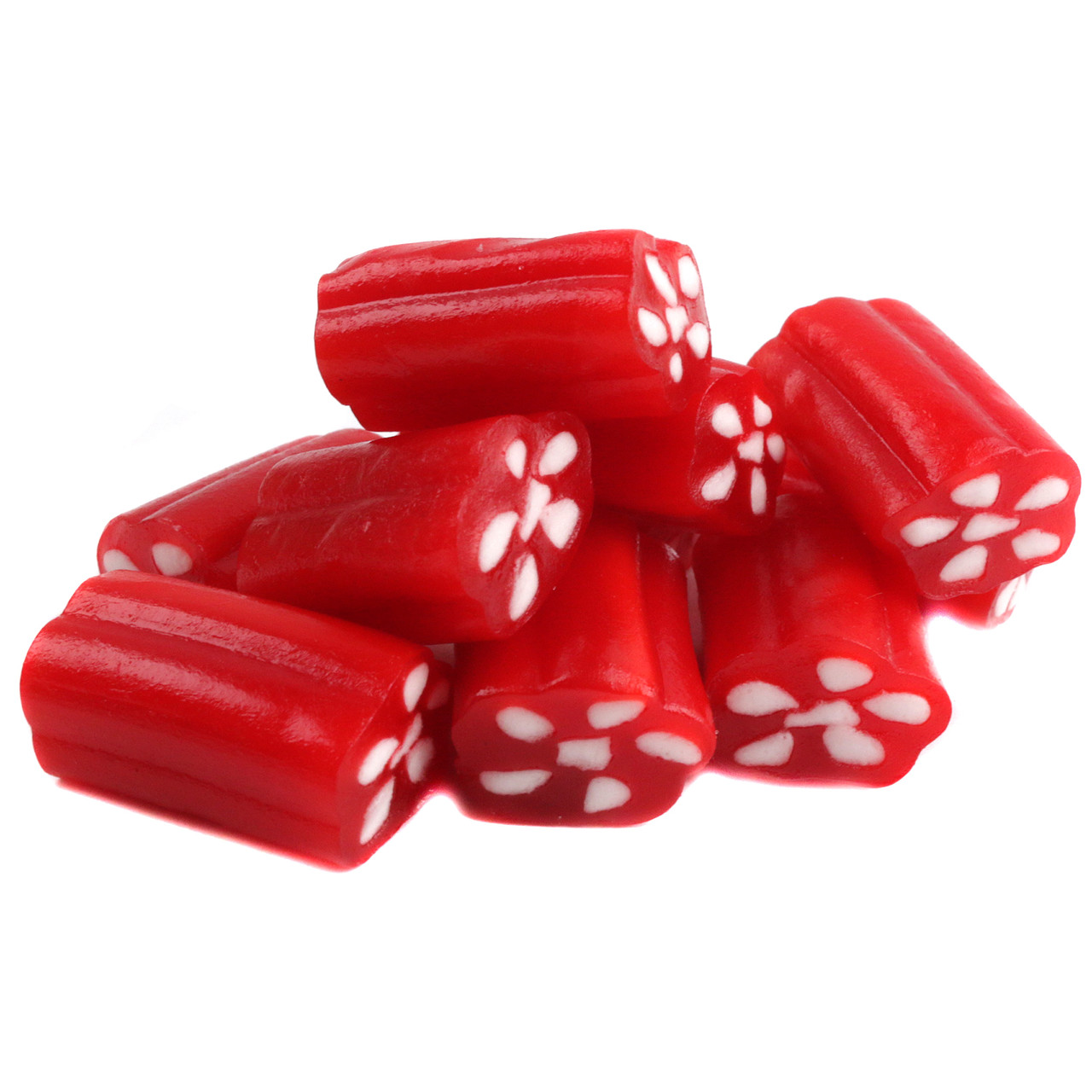 Sweet cherry red licorice bites, unwrapped, creamy filling, approx. 60 pieces per pound, bulk.