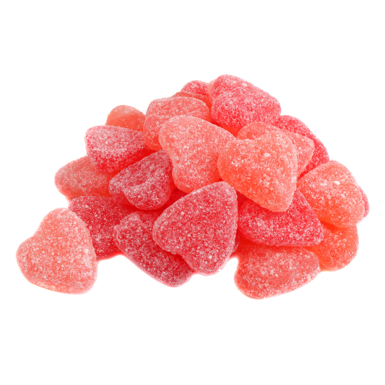Sour Patch Kids sour gummy hearts, red and pink, 125 pieces per pound, Redberry and Pink Strawberry flavors.