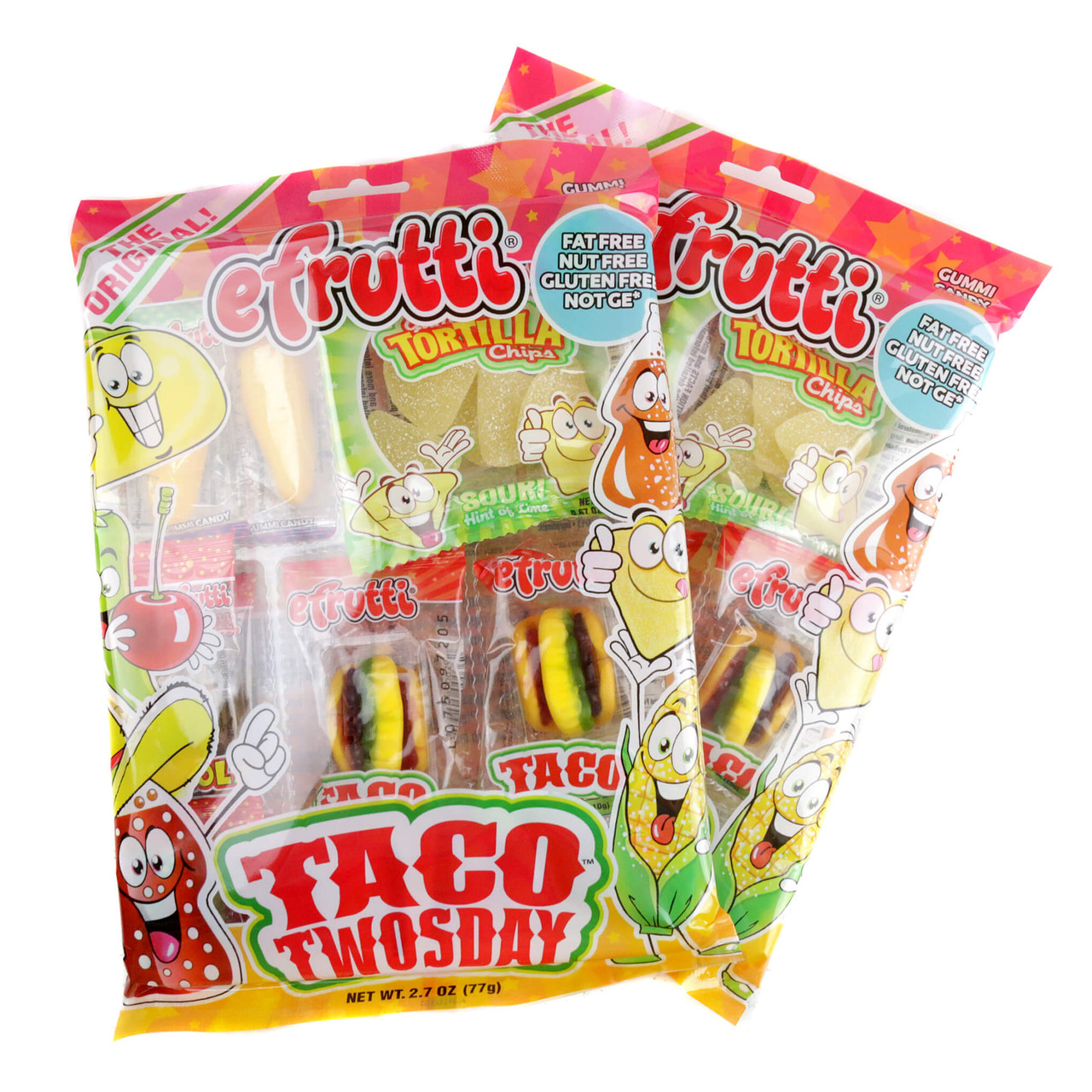 Colorful Efrutti Taco Twosday gummy candy pack, 2 tacos, 2 corn on the cob, 2 peppers, 2 colas, 1 bag chips.