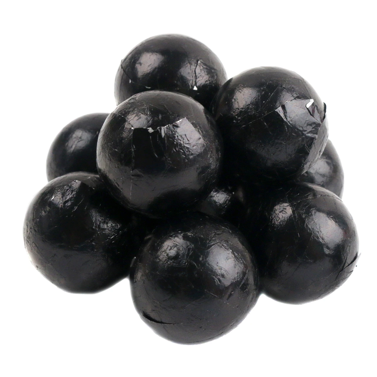 Shiny black foil wrapped solid milk chocolate balls, approximately 60 per pound, 3/4 inch diameter.