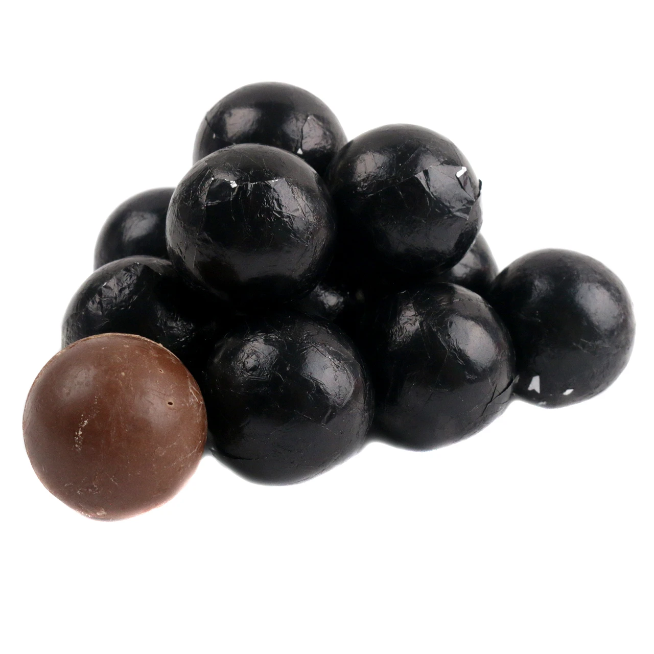 Shiny black foil wrapped milk chocolate balls, approx 60 per pound, 3/4 inch diameter.